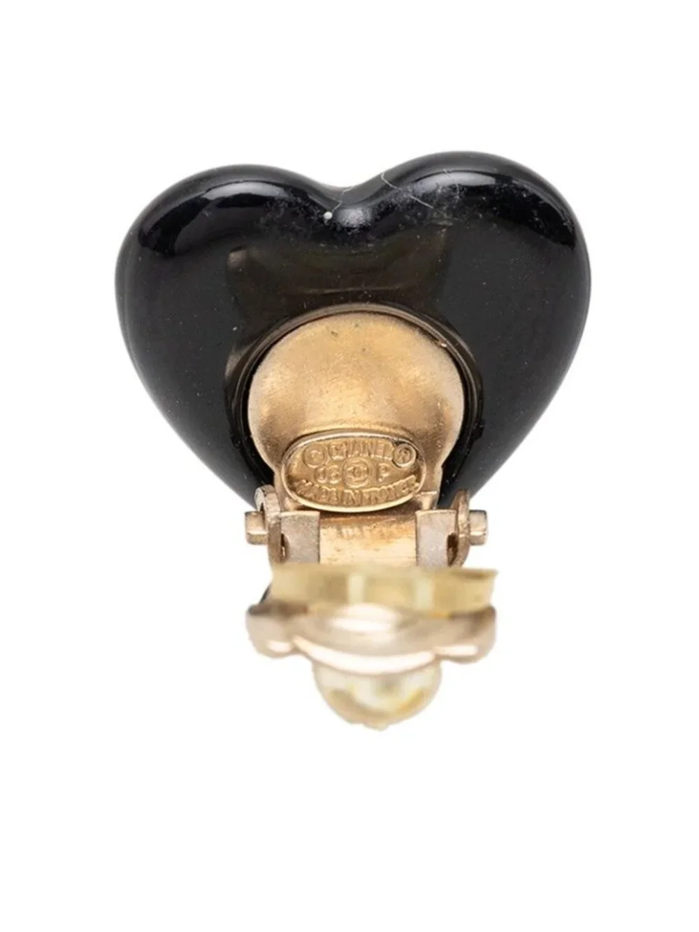 Chanel CC Logo Heart Motif Earrings Gold Beige Black Plated Faux Pearl
